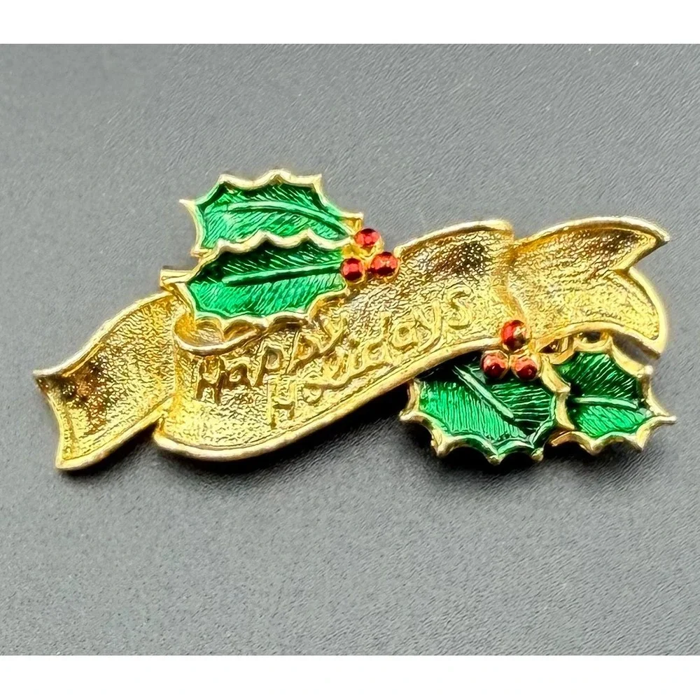Gerrys Christmas Brooch Gold Tone Happy Holidays Holly Enamel Rhinestone Vintage